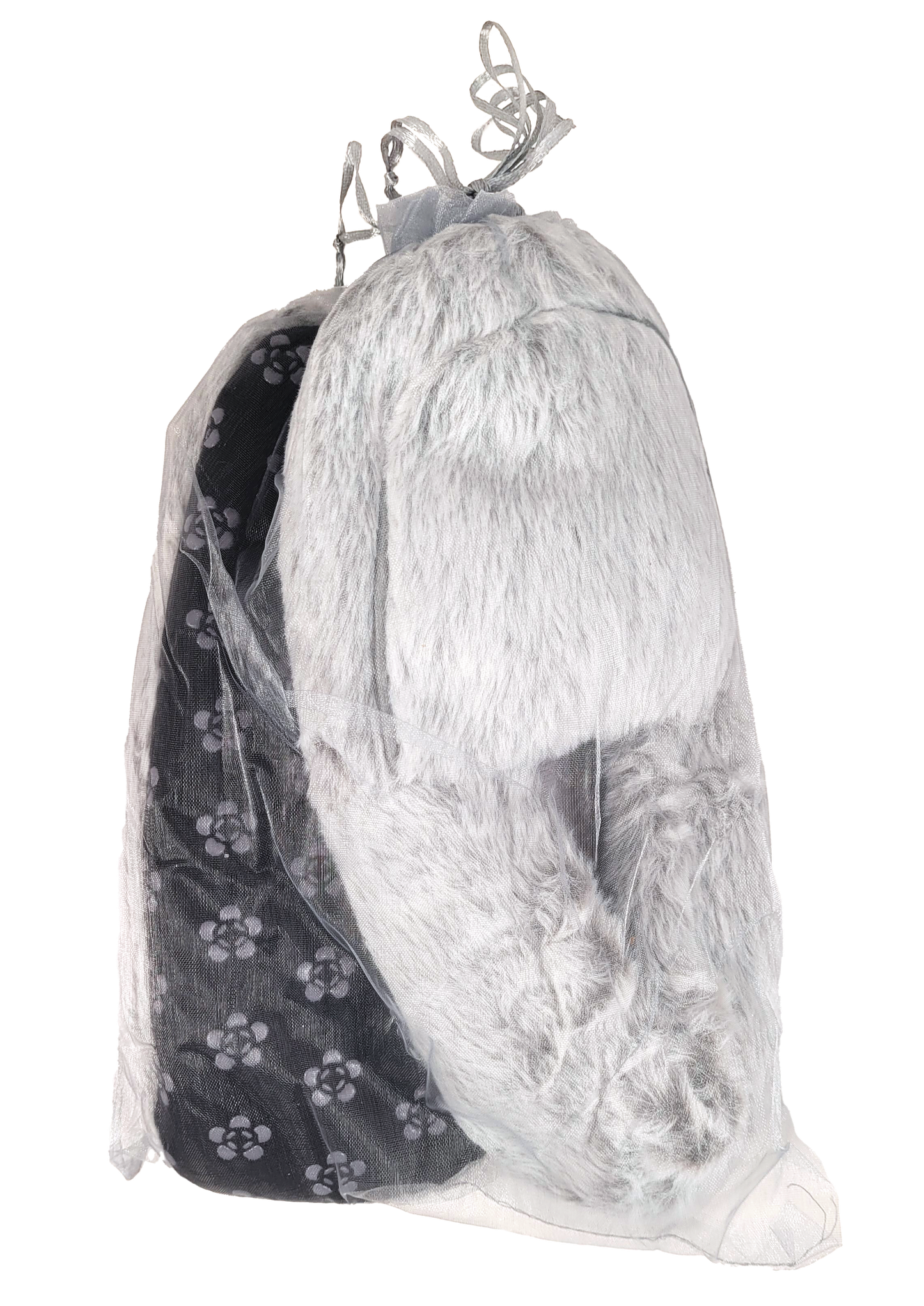 gray slippers in organza bag