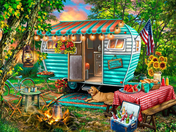 Puzzle image featuring a vintage camper with a dog, table, and American flag in a forest setting