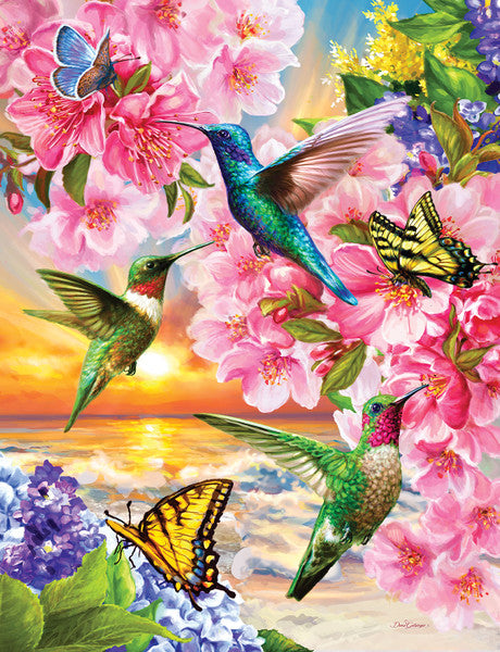 puzzle image of hummingbirds butteflies and flowers