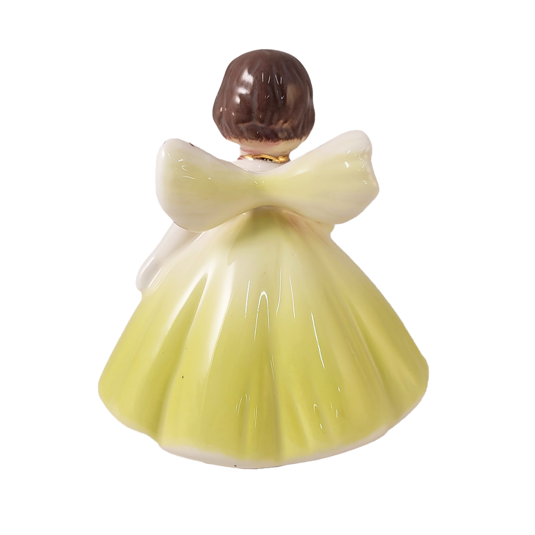 Back of ceramic angel figurine with a yellow dress on a white background