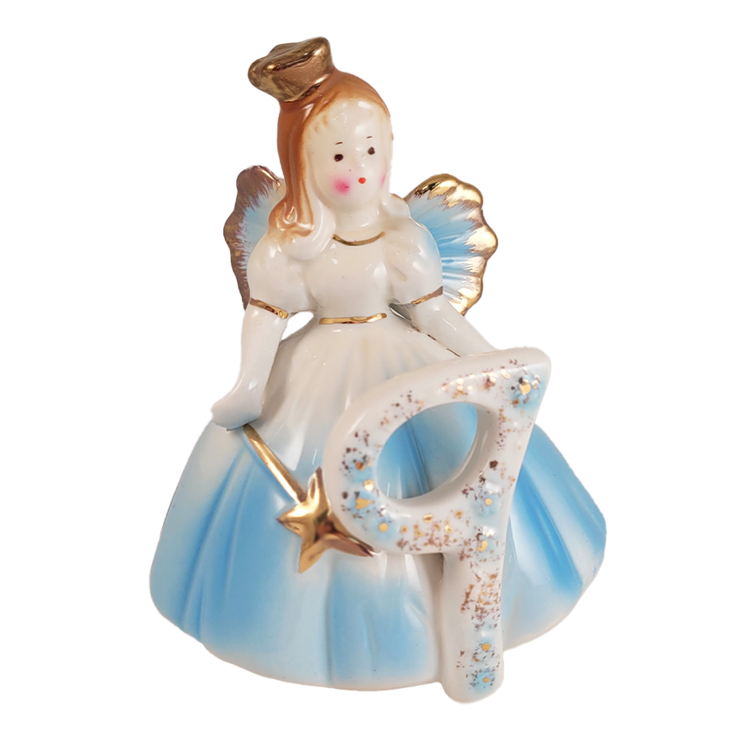 Front of decorative angel figurine with blue dress and gold accents with a number 9 on a white background