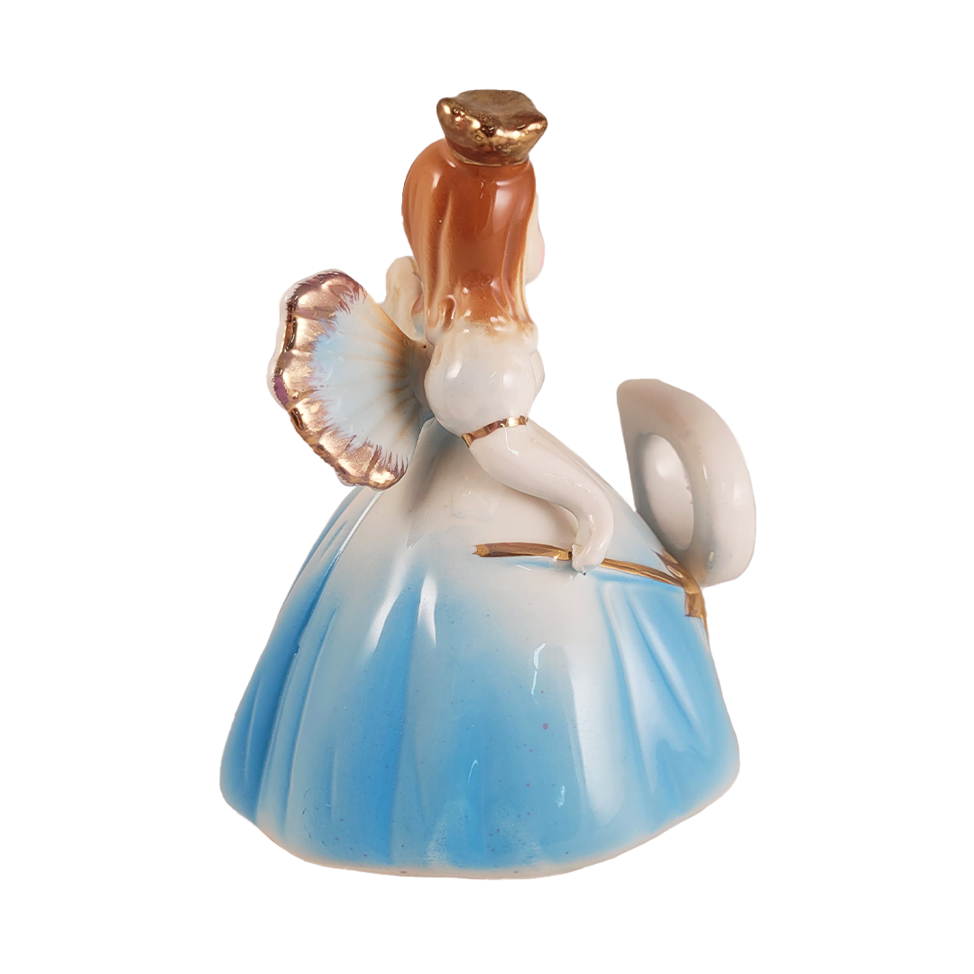 Side of angel figurine with a blue dress and gold accents on a white background
