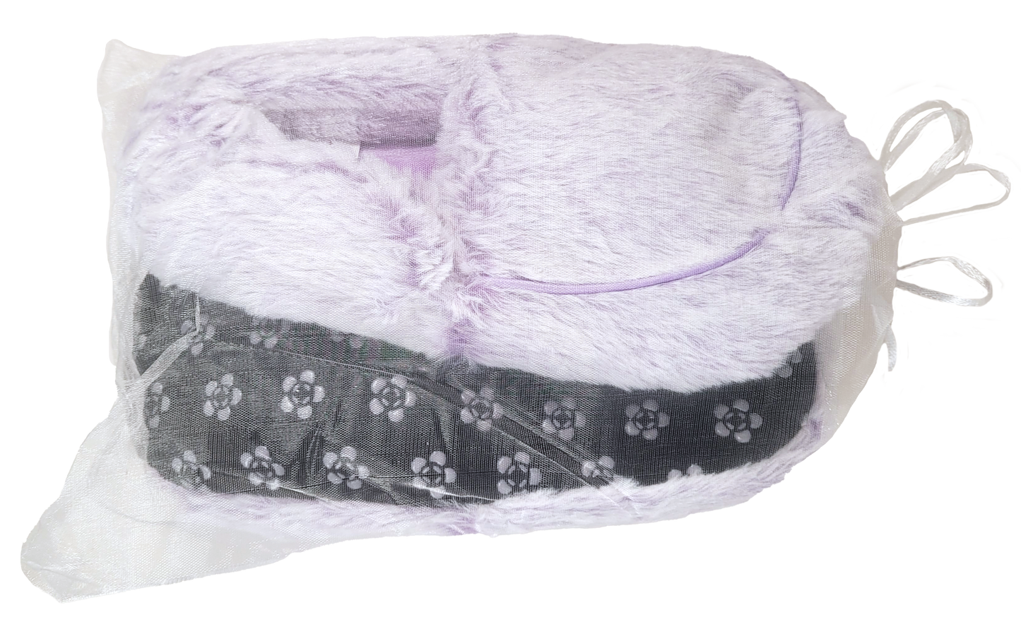 lavender slippers in organza bag