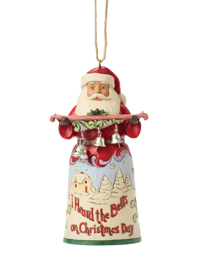 Decorative Christmas ornament featuring a Santa Claus figure with bells and 'I Heard the Bells on Christmas Day' text.
