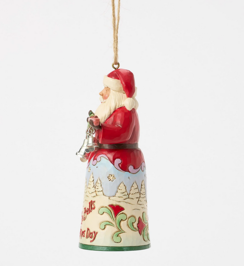 Side of decorative Christmas ornament featuring a Santa Claus figure with bells and 'I Heard the Bells on Christmas Day'
