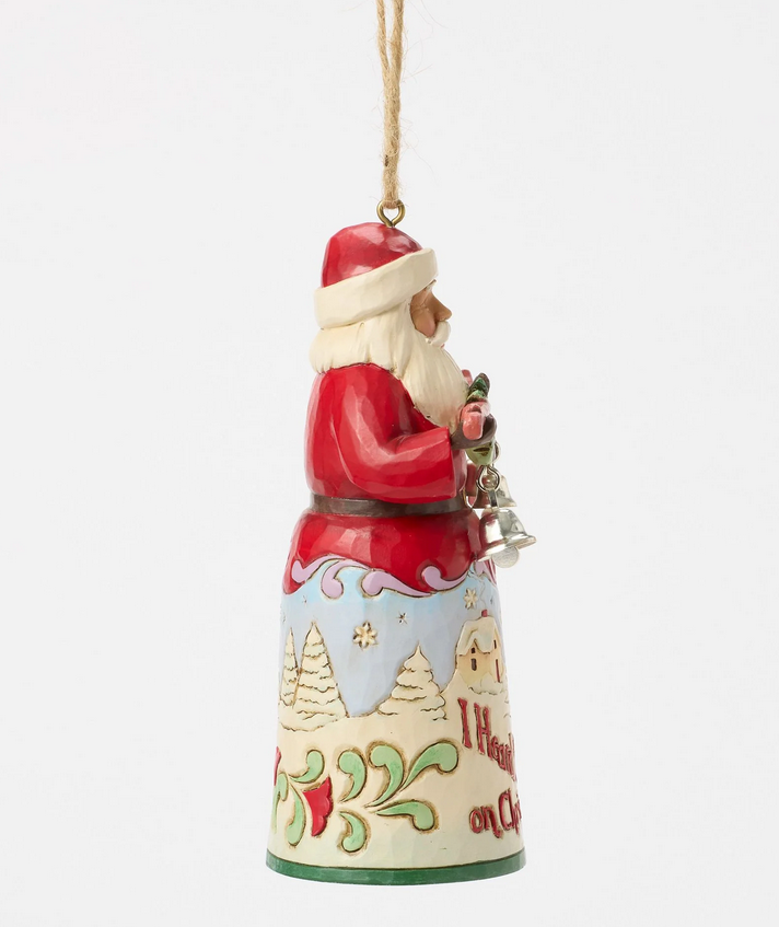 Side of decorative Christmas ornament featuring a Santa Claus figure with bells and 'I Heard the Bells on Christmas Day'