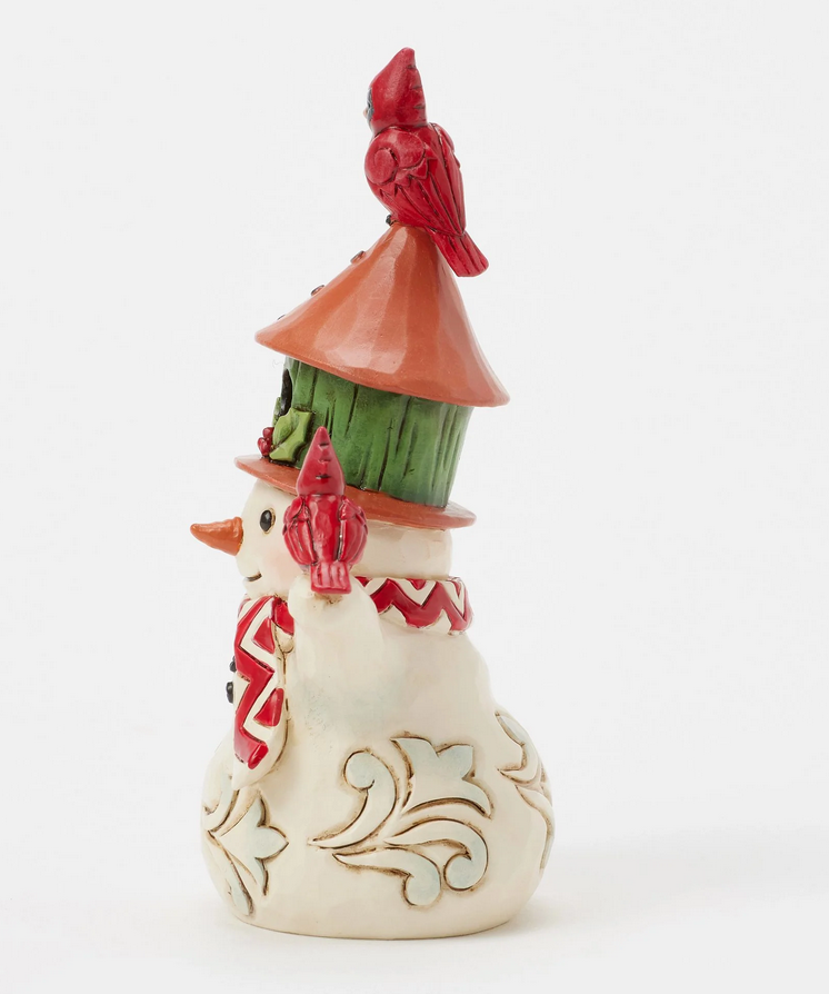 Left side of snowman figurine with a birdhouse on its head and two red birds, against a white background