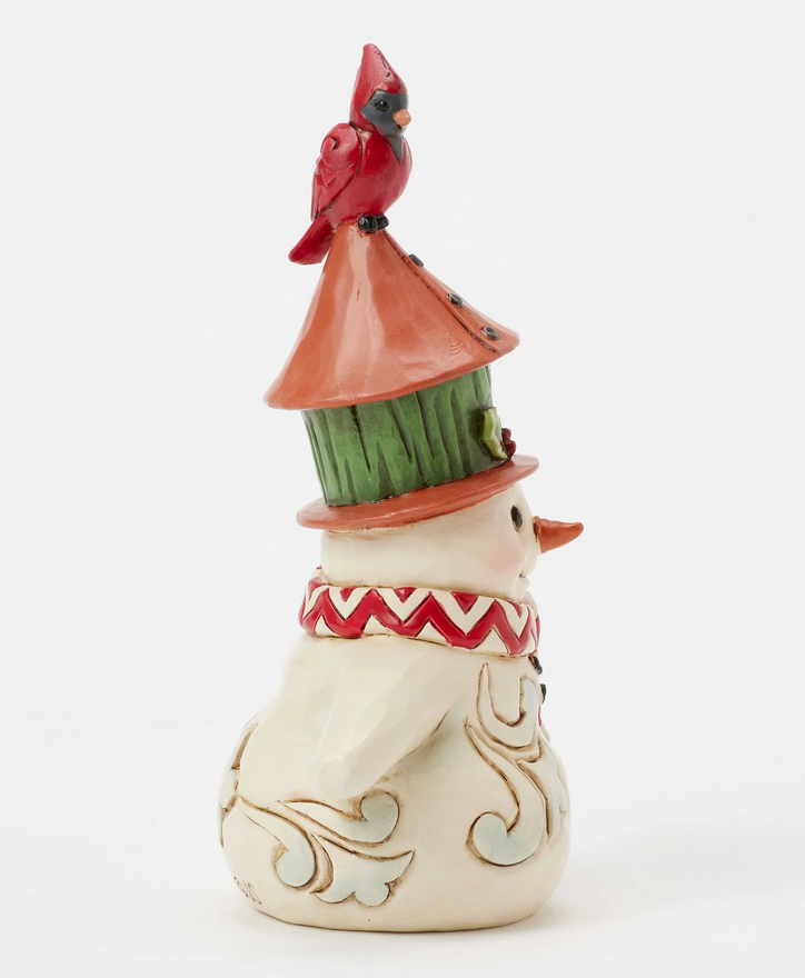 Right side of snowman figurine with a birdhouse on its head and two red birds, against a white background