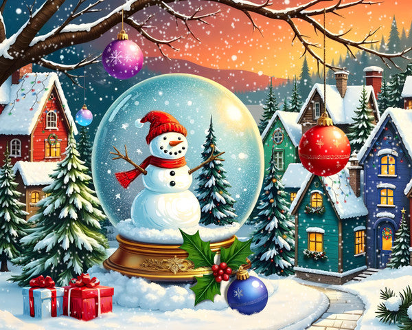 Finished puzzle Christmas-themed illustration with a snow globe, snowman, and festive village.