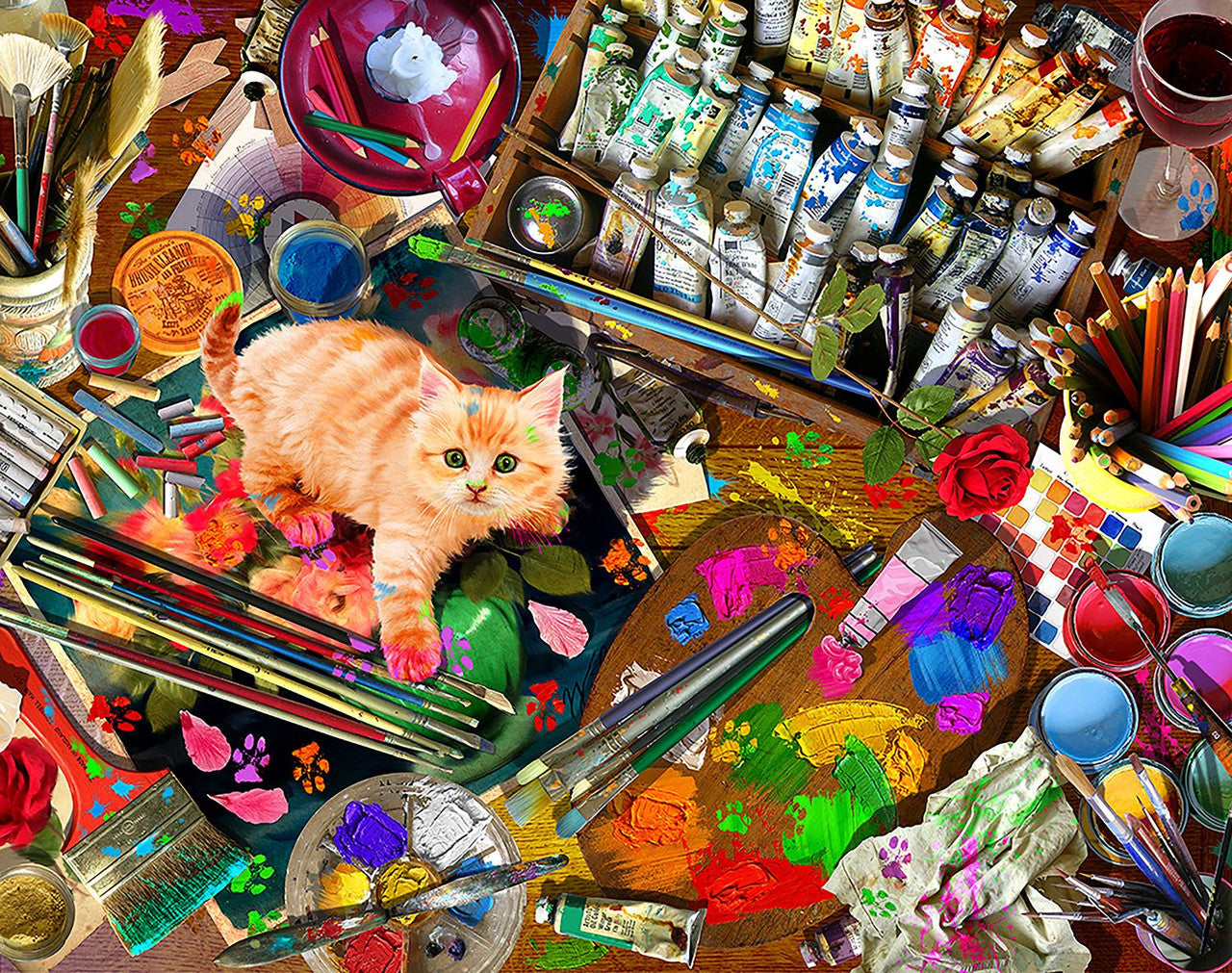 Puzzle image of a cat among art supplies