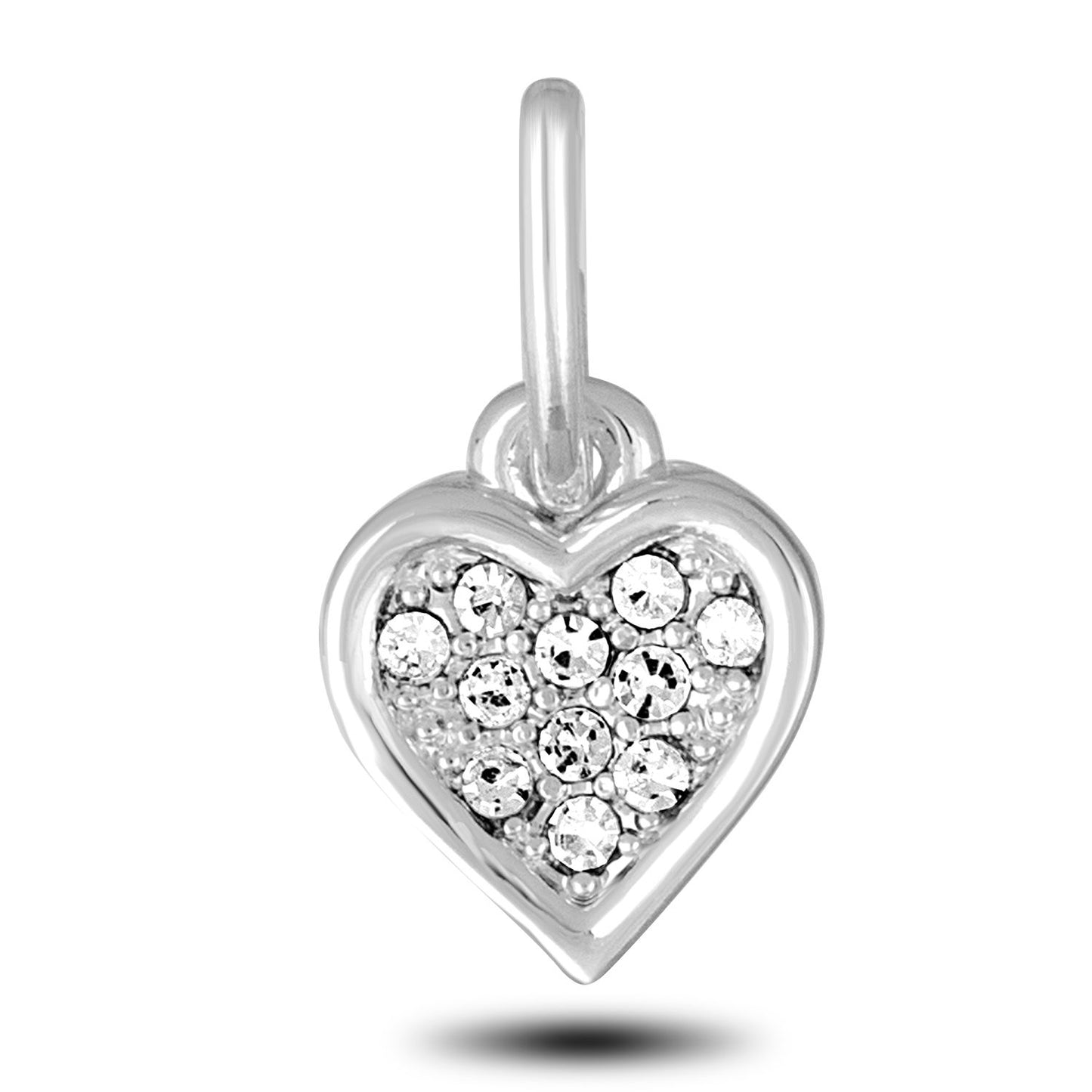 A silver heart-shaped charm decorated with clear crystals.