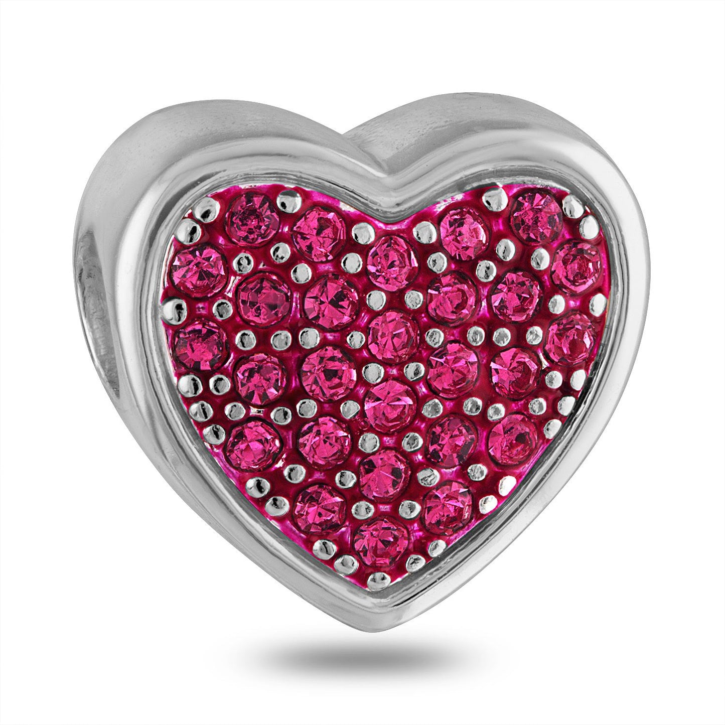 A silver heart-shaped charm with pink crystal embellishments.