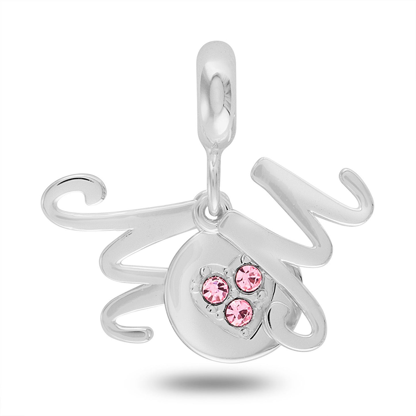 A silver dangle charm featuring the word "Mom" with a pink crystal heart in the "O"
