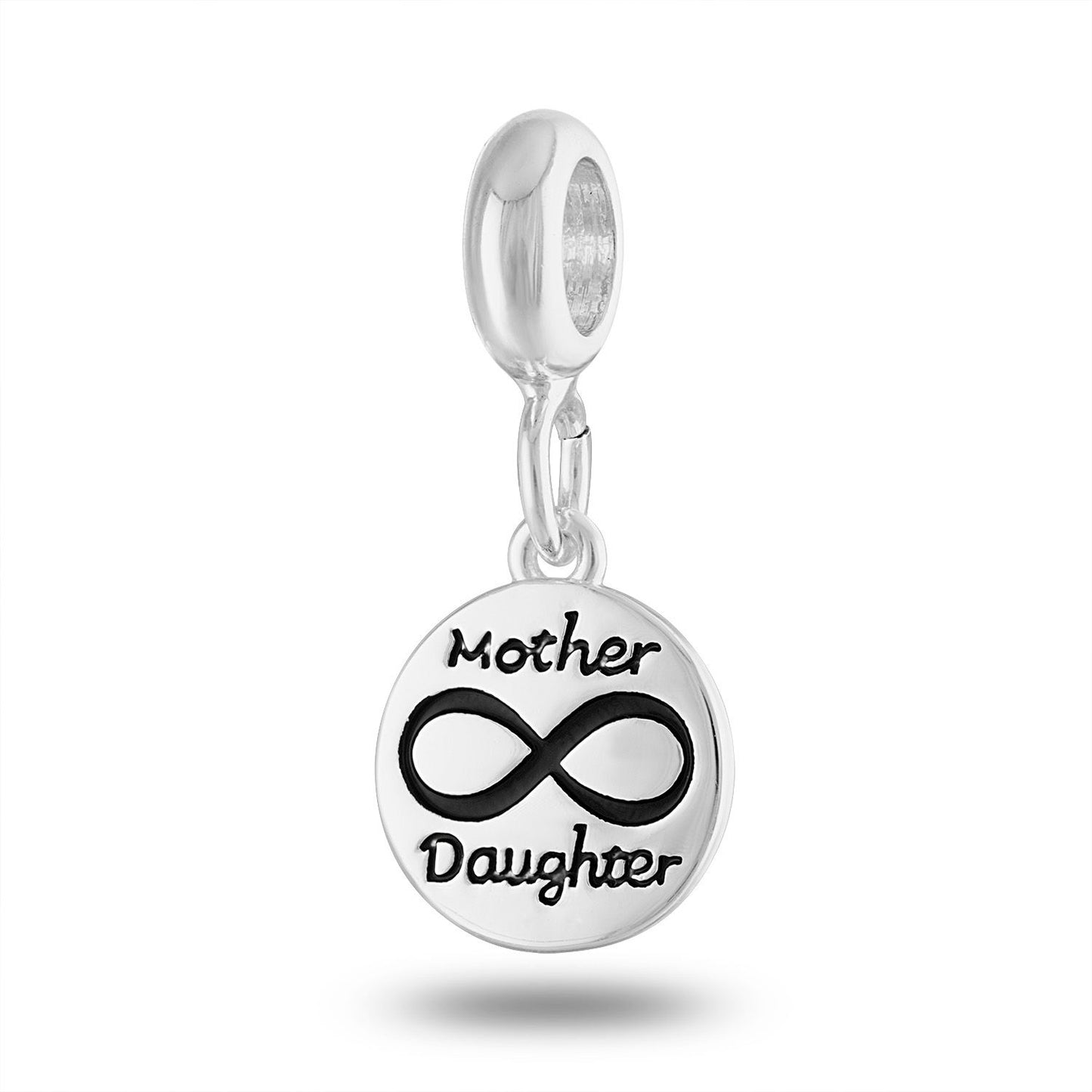 A silver circle dangle charm with the words "Mother" and "Daughter" by an infinity sign