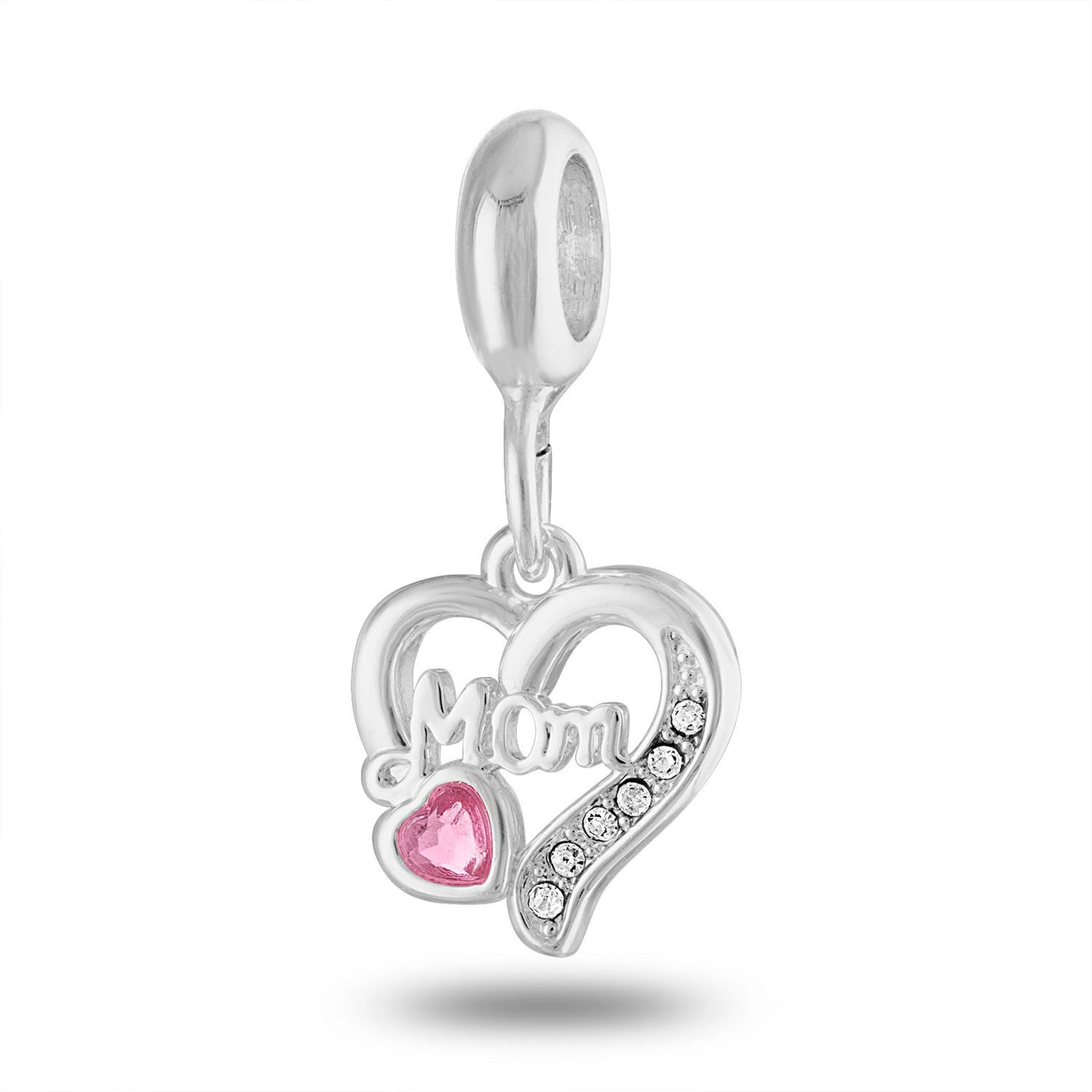 A silver heart shaped dangle charm with the word "Mom" in the middle and pink and clear crystal accents.