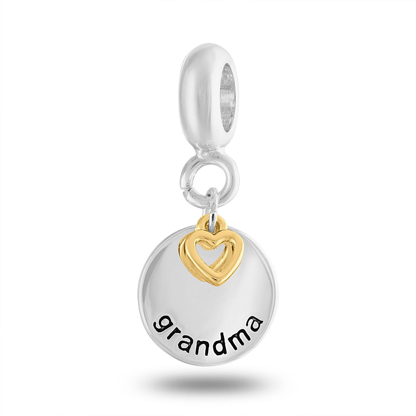 A silver dangle charm with the word 'grandma' inscribed and a gold heart detail.
