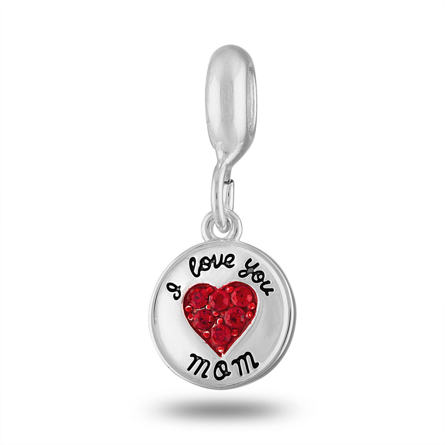 A silver circle charm with a red crystal heart and the words "I love you Mom"
