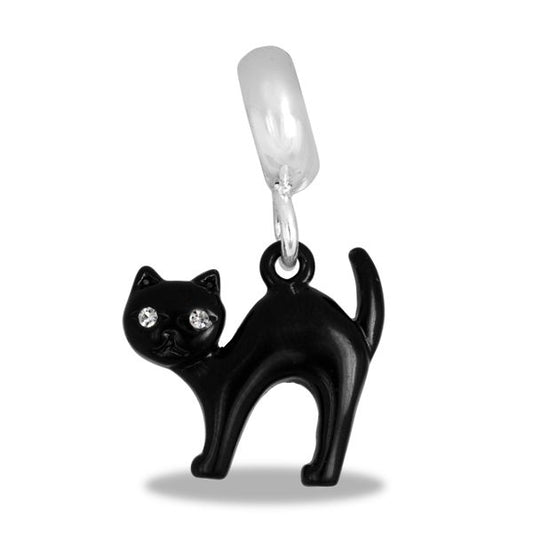 A black cat dangle charm with crystal accents for eyes