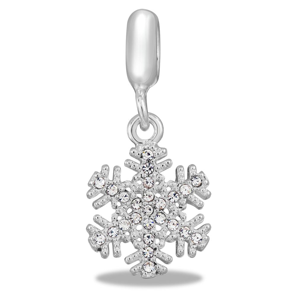 A silver snowflake shaped dangle charm with crystal embellishments