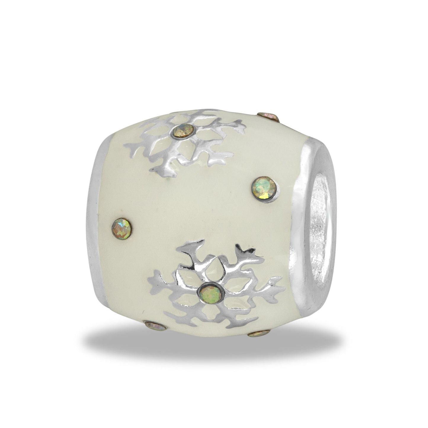 A white bead with silver snowflake patterns, and crystal accents