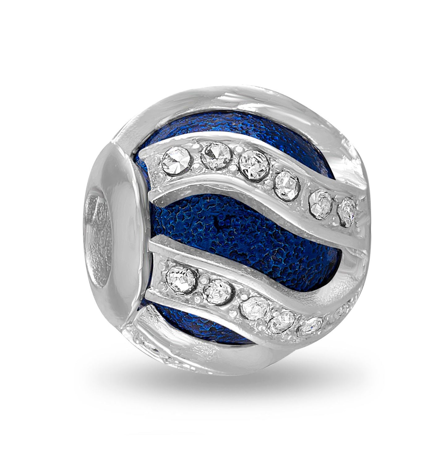 A blue and silver bead with swirling patterns and crystal like details