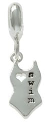 A silver swim suit dangle charm with a heart shaped cut out and the word "swim" written on it