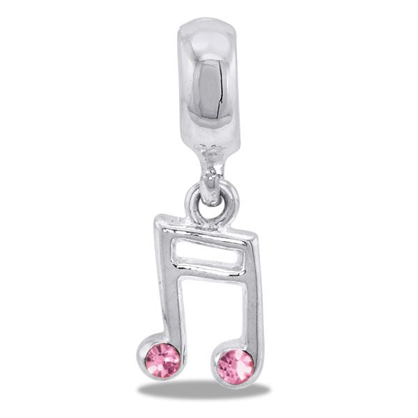 A silver music note charm with pink crystals