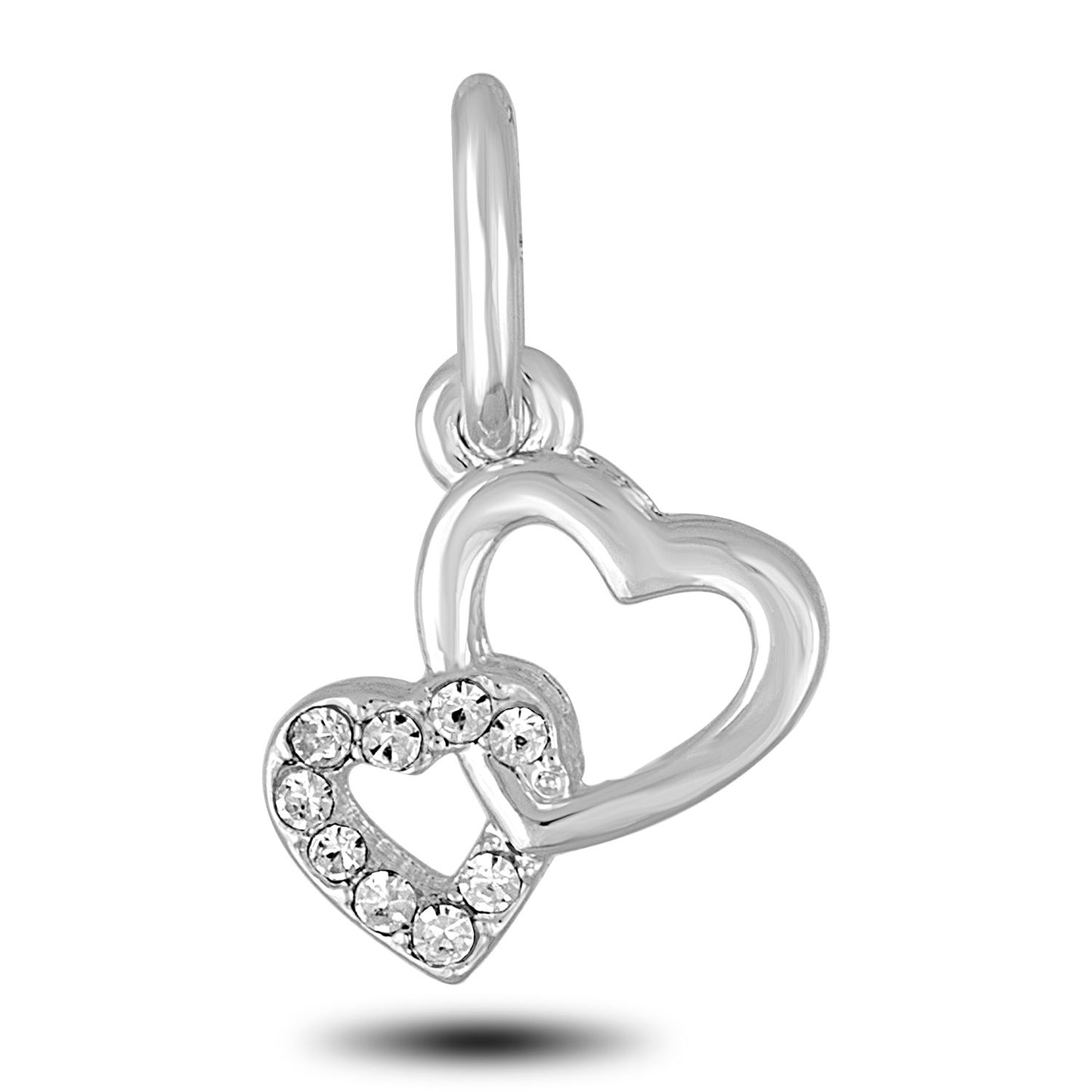 A silver double heart dangle charm with one heart containing clear crystal embellishments.