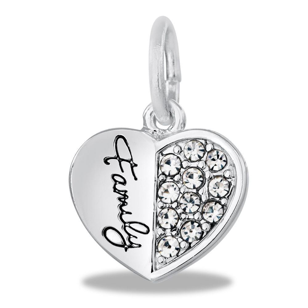 A silver heart-shaped dangle charm with the word 'Family' written on it and adorned with crystal embellishments.