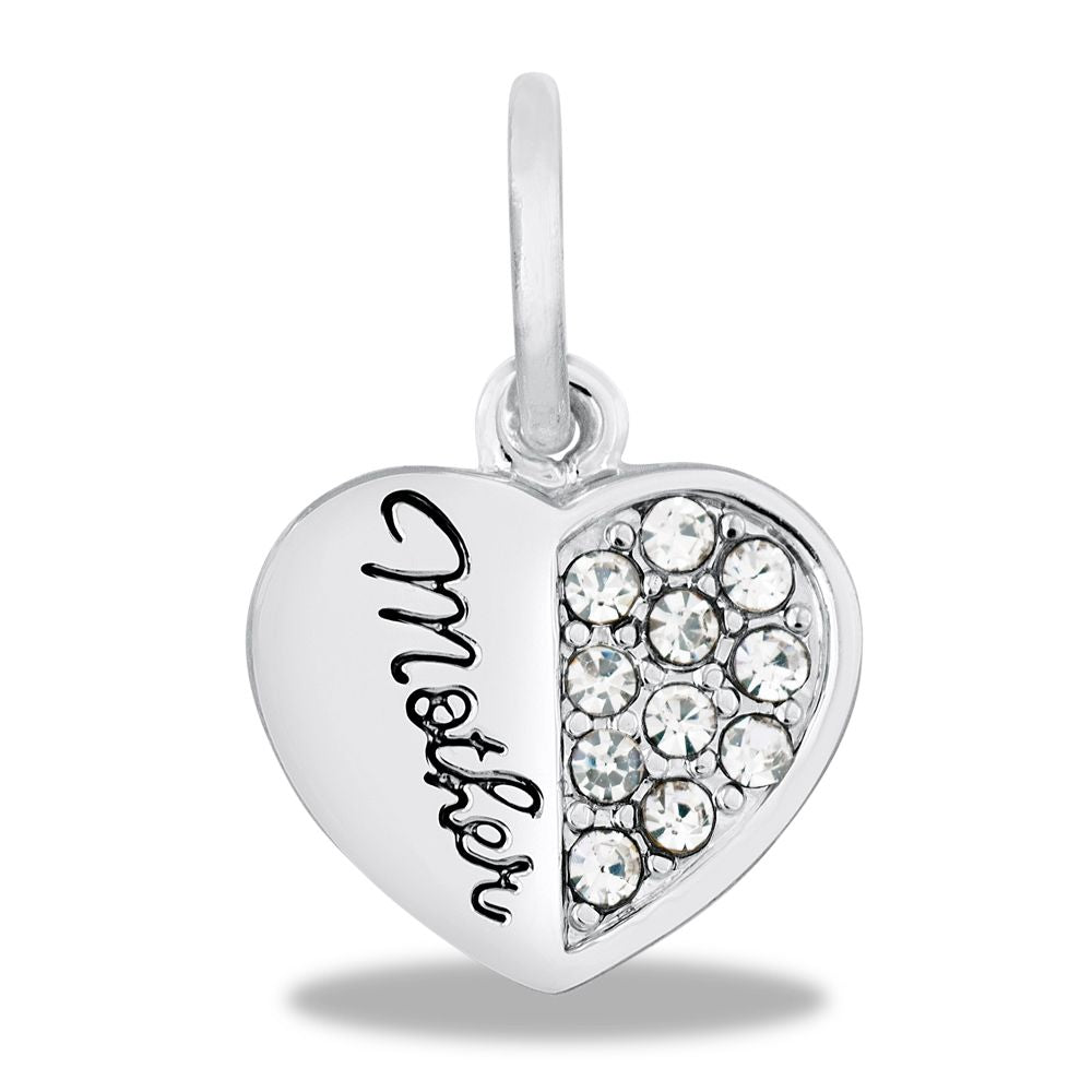 A silver heart-shaped charm with the word 'Mother' written on it, featuring clear shaped crystals on one side