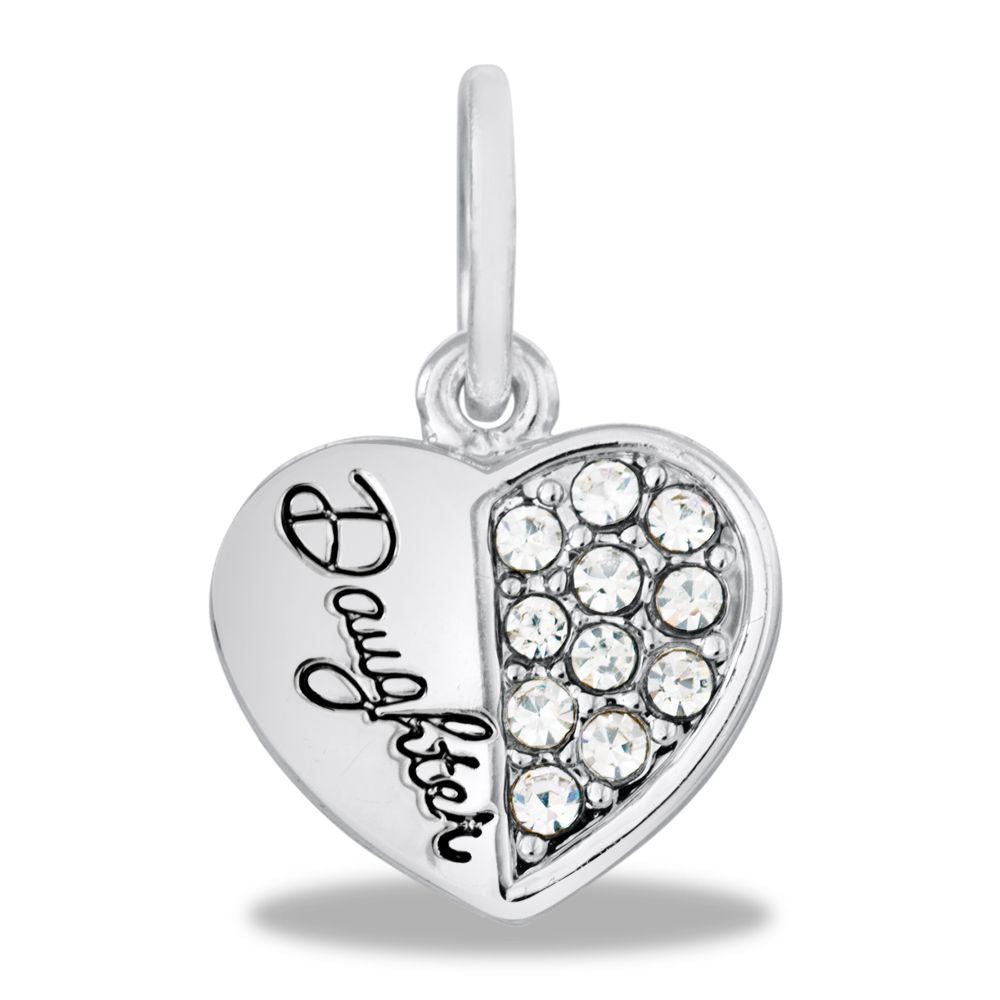 A silver-colored heart shaped charm with the word "daughter" written on it and decorated with clear crystals