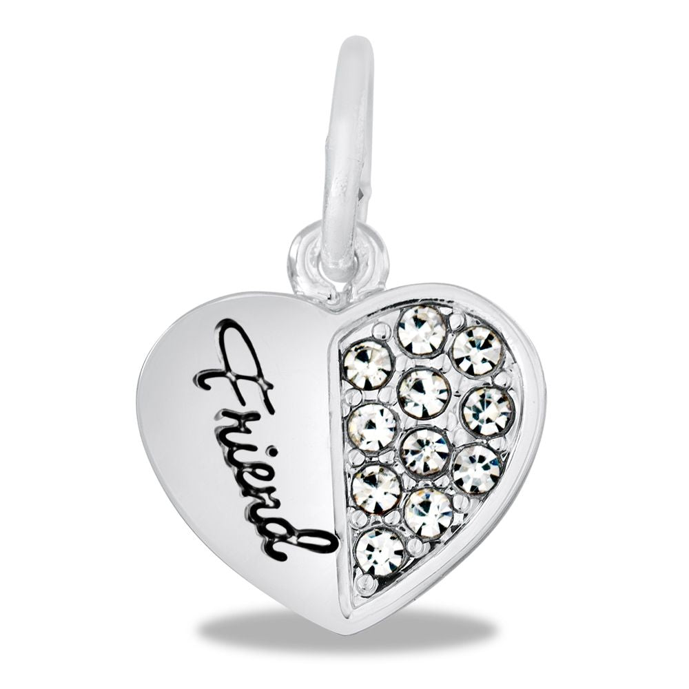 A silver heart-shaped charm with the word 'Friend' written on it and decorated with small crystals.