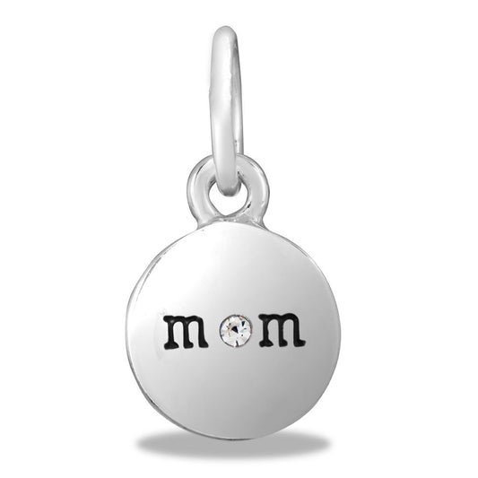 A silver circle charm with the word "Mom" in the center