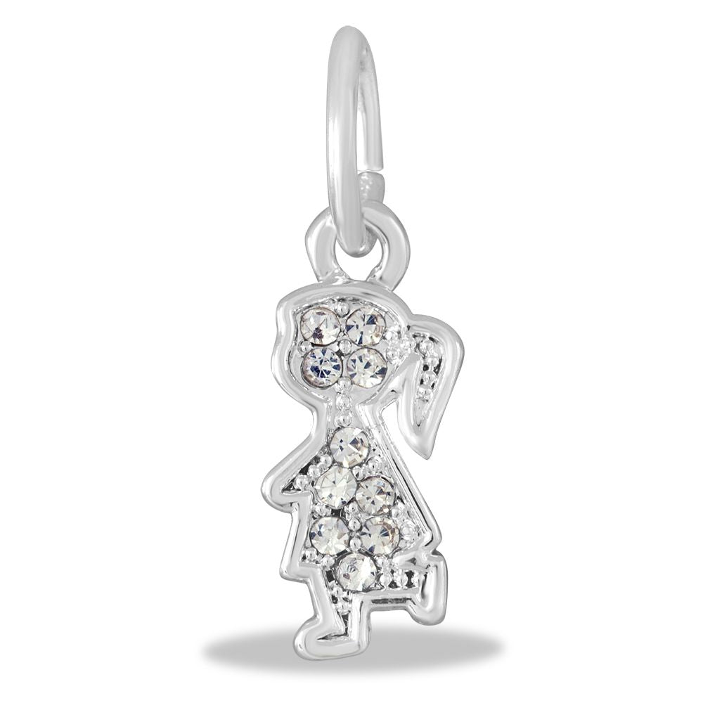 A silver dangle charm in the shape of a little girl with crystal embellishments.