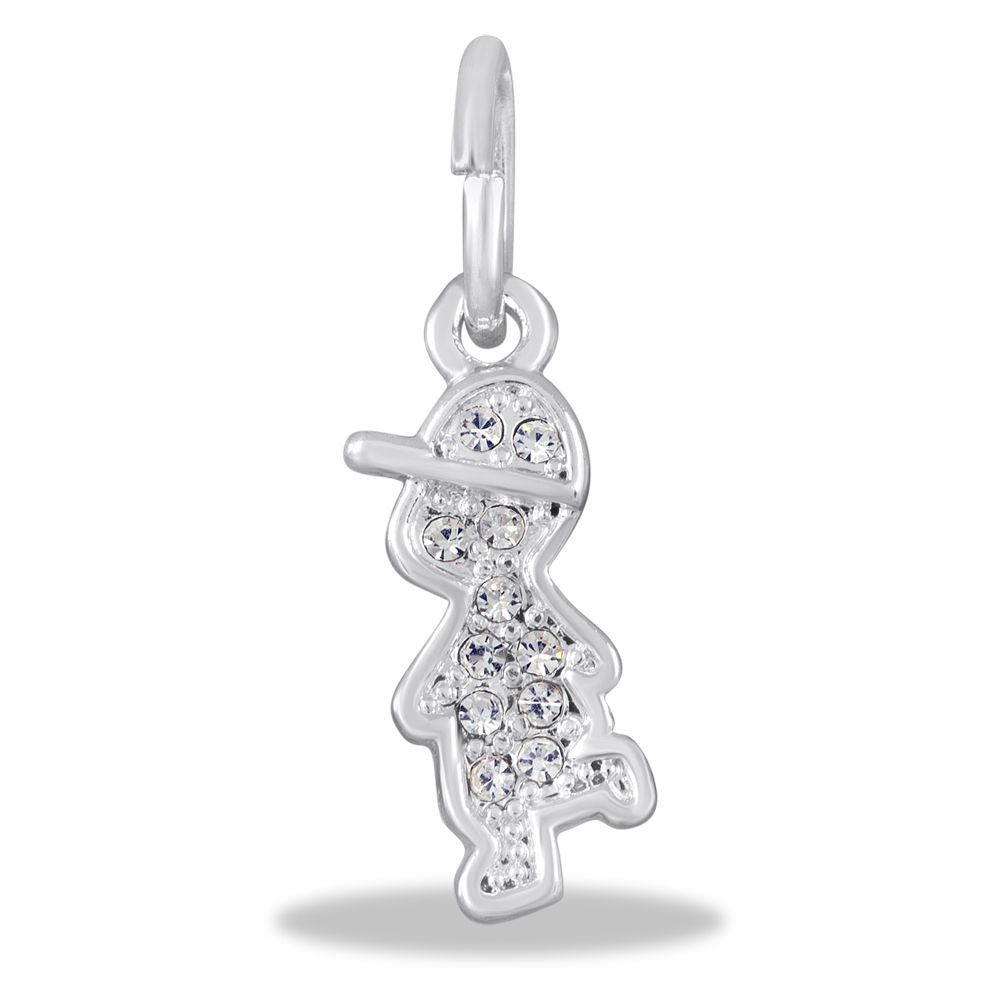 A silver charm in the shape of a boy adorned with clear crystals