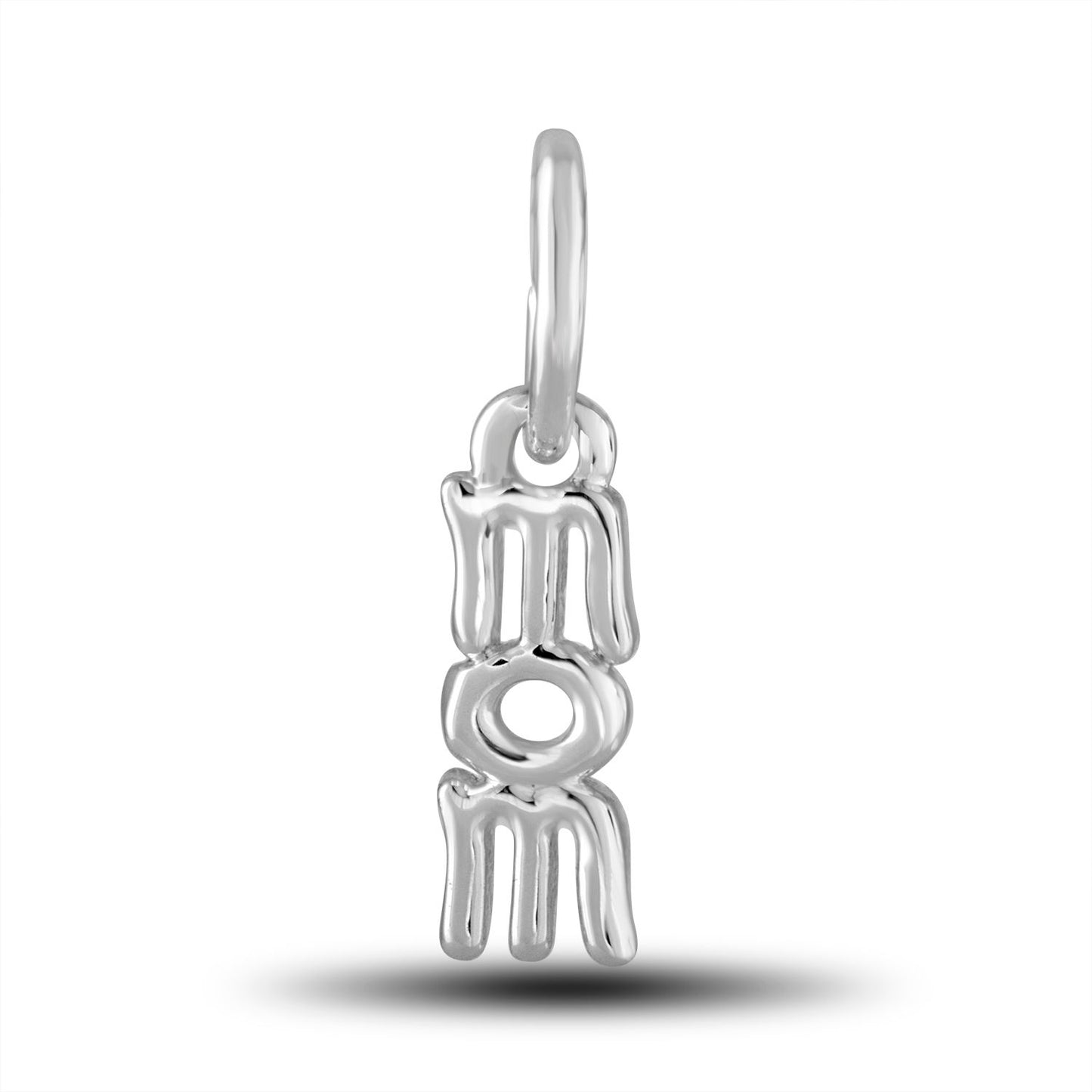 A silver charm in the shape of the word "Mom."