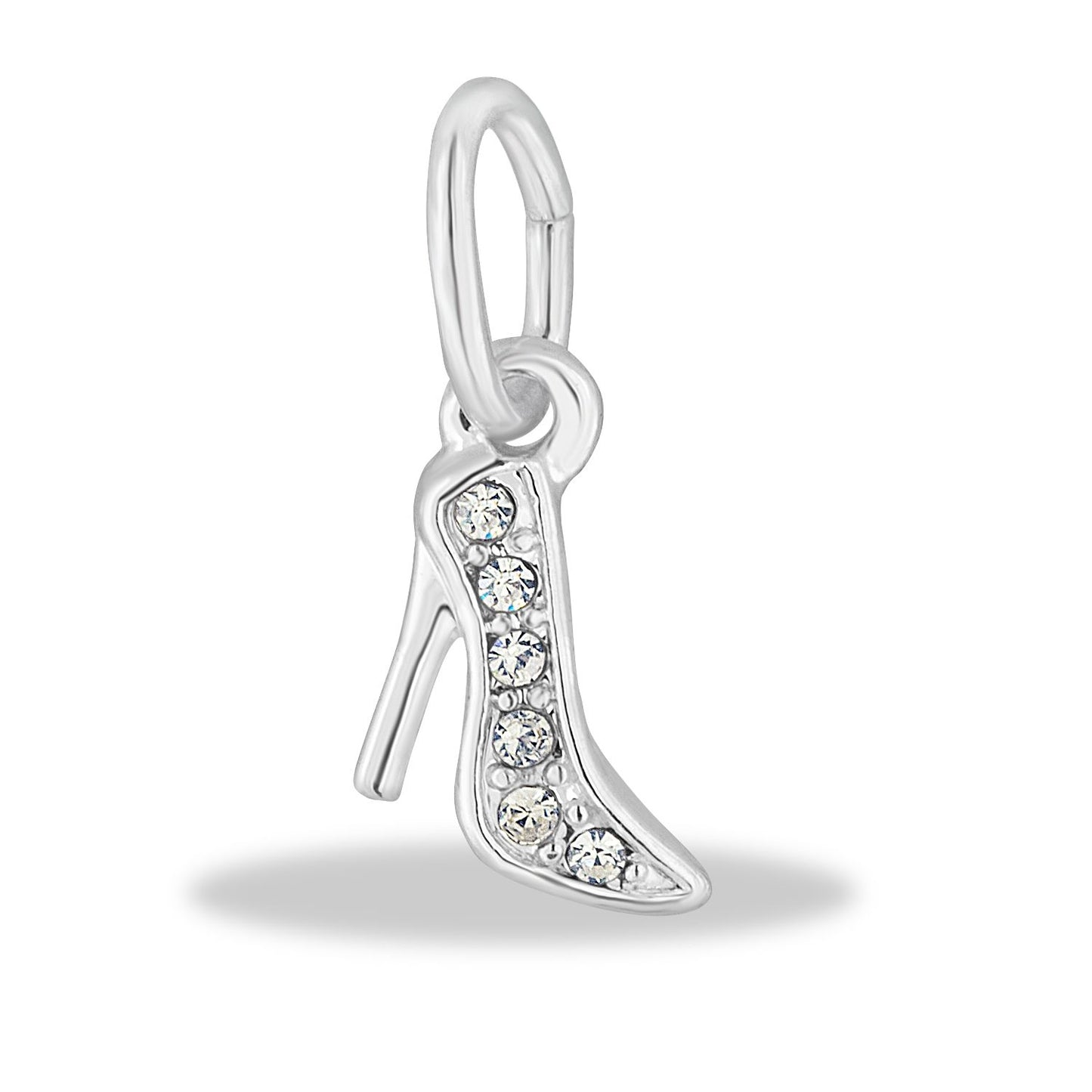 A silver and crystal high heel shoe charm.