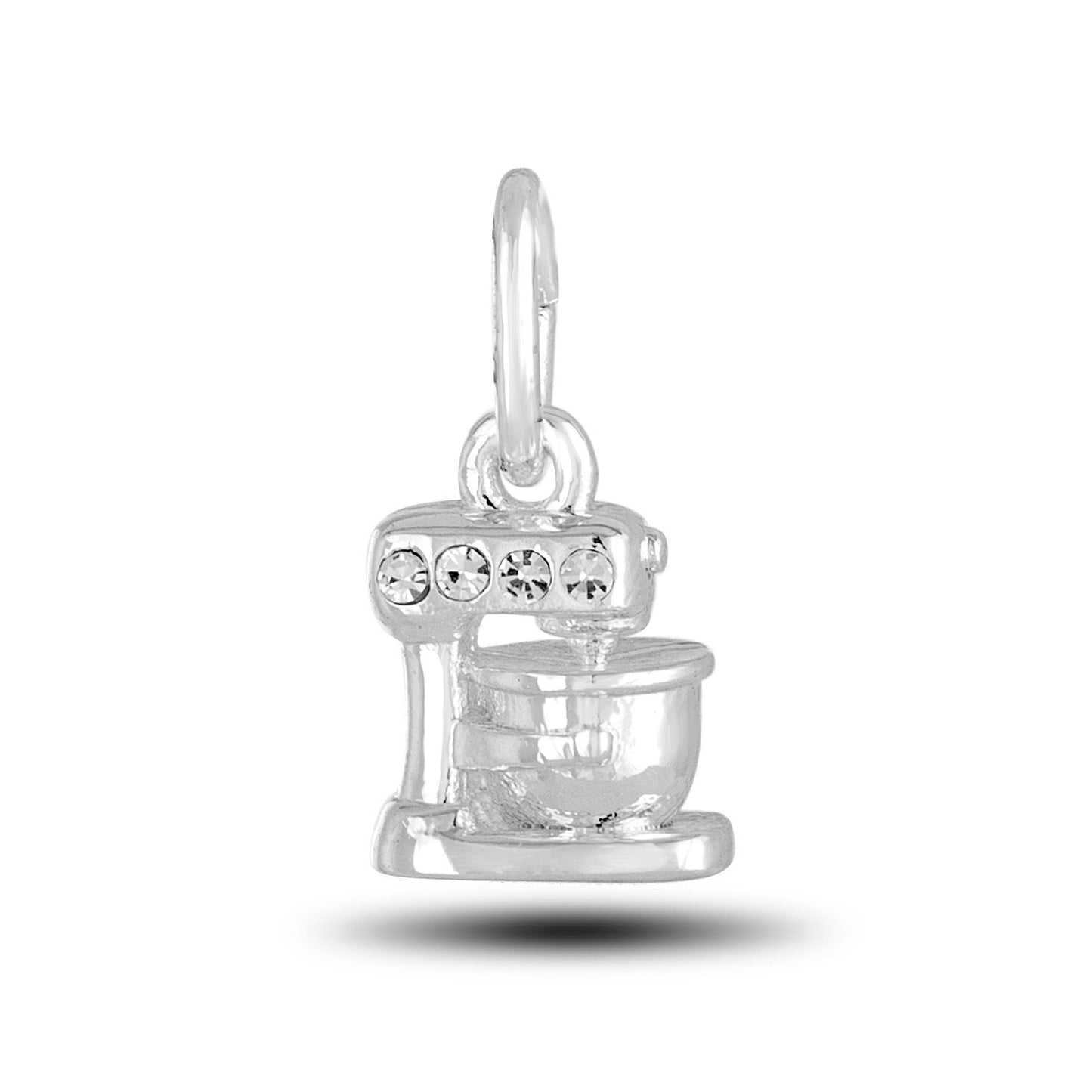A silver-colored mixer charm with clear crystal embellishments, designed for use with jewelry such as bracelets or necklaces.