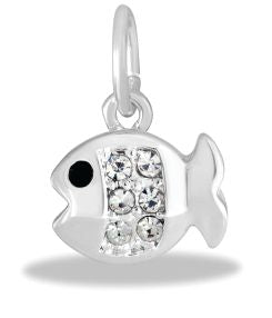 A silver-colored fish-shaped dangle charm with crystals