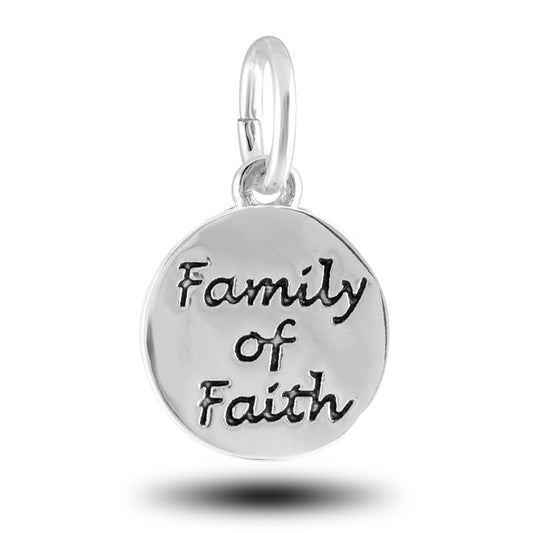 A silver circle dangle charm with the words "Family of Faith" in the center