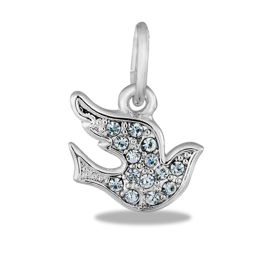 A silver crystal dove dangle charm with clear embellishments.