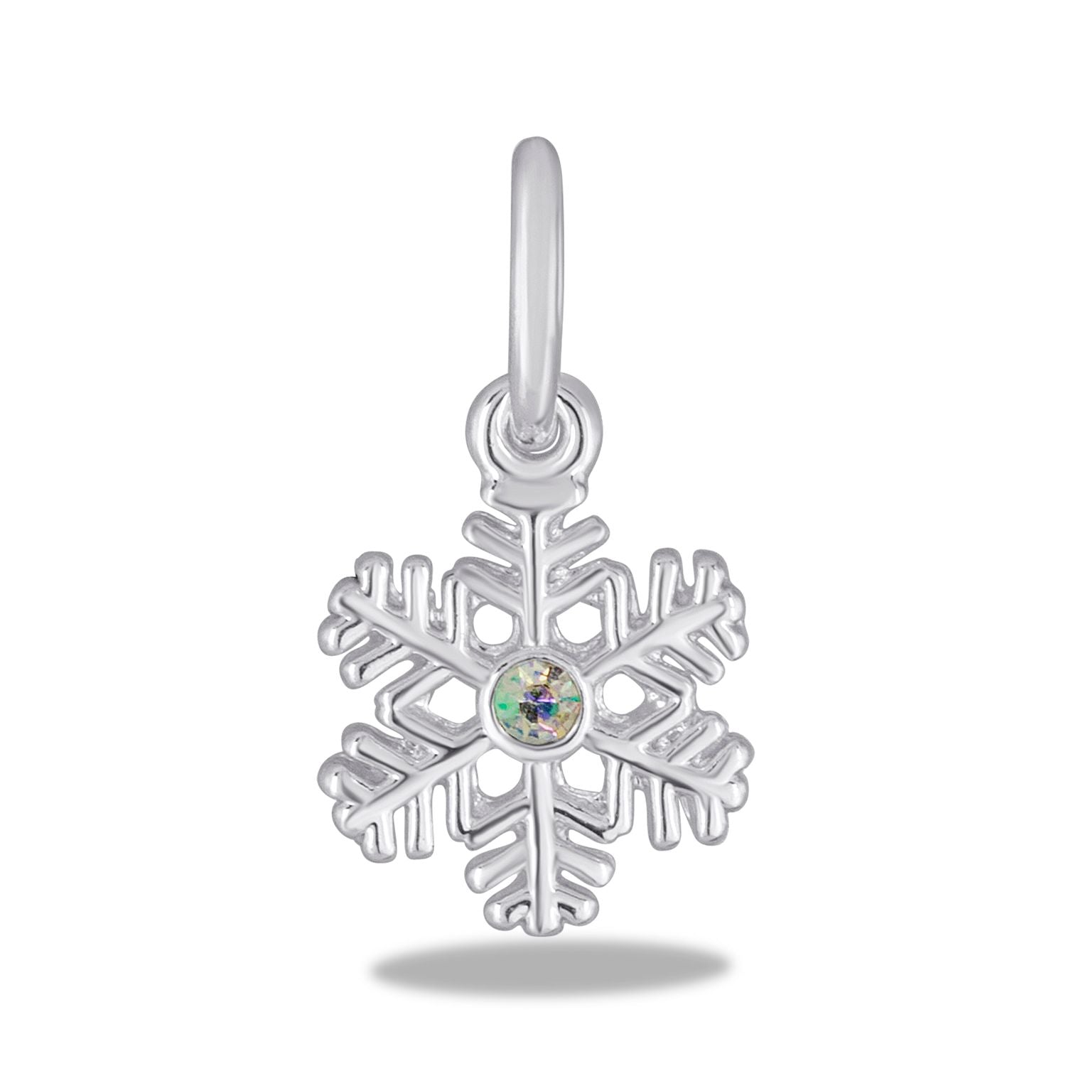 A silver snowflake-shaped charm with a crystal in the center