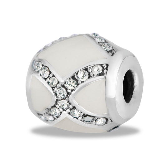 A white spacer bead with silver accents and clear crystal embellishments.