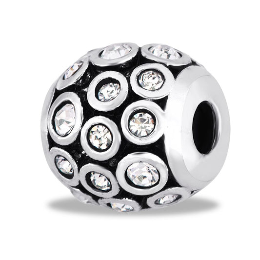 A silver spherical bead encrusted with clear crystals, designed for use in jewelry making.