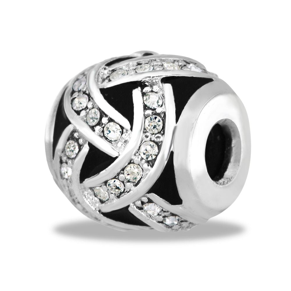A silver and black bead with a swirl design, featuring cubic zirconia in the pattern