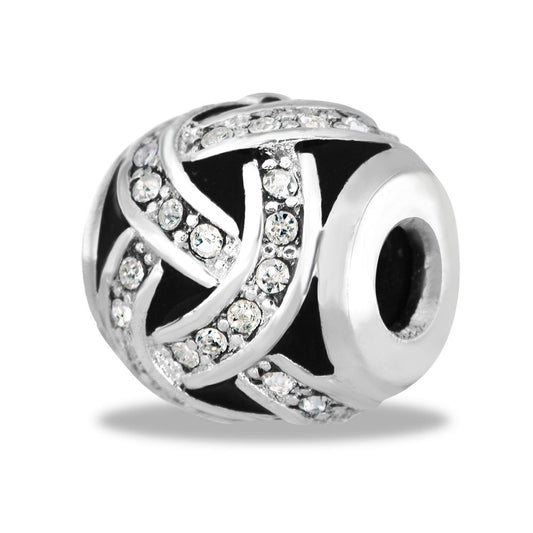 A silver and black bead with a swirl design, featuring cubic zirconia in the pattern