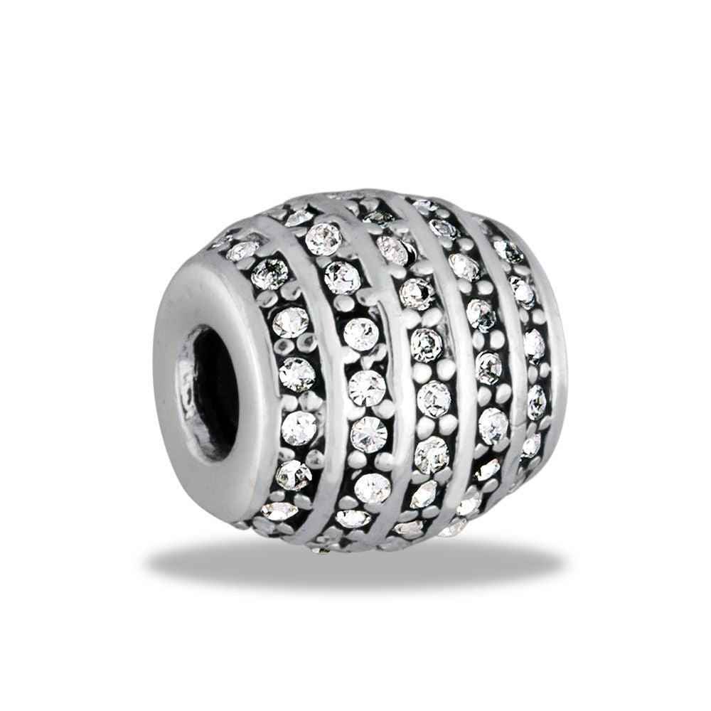 A silver decorative spacer bead with clear crystal embellishments.
