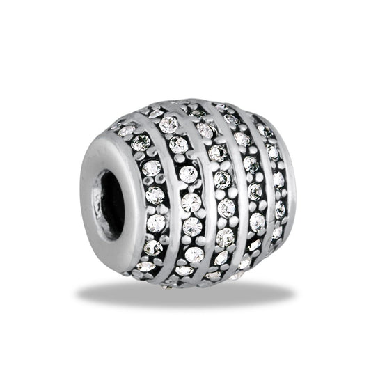 A silver decorative spacer bead with clear crystal embellishments.