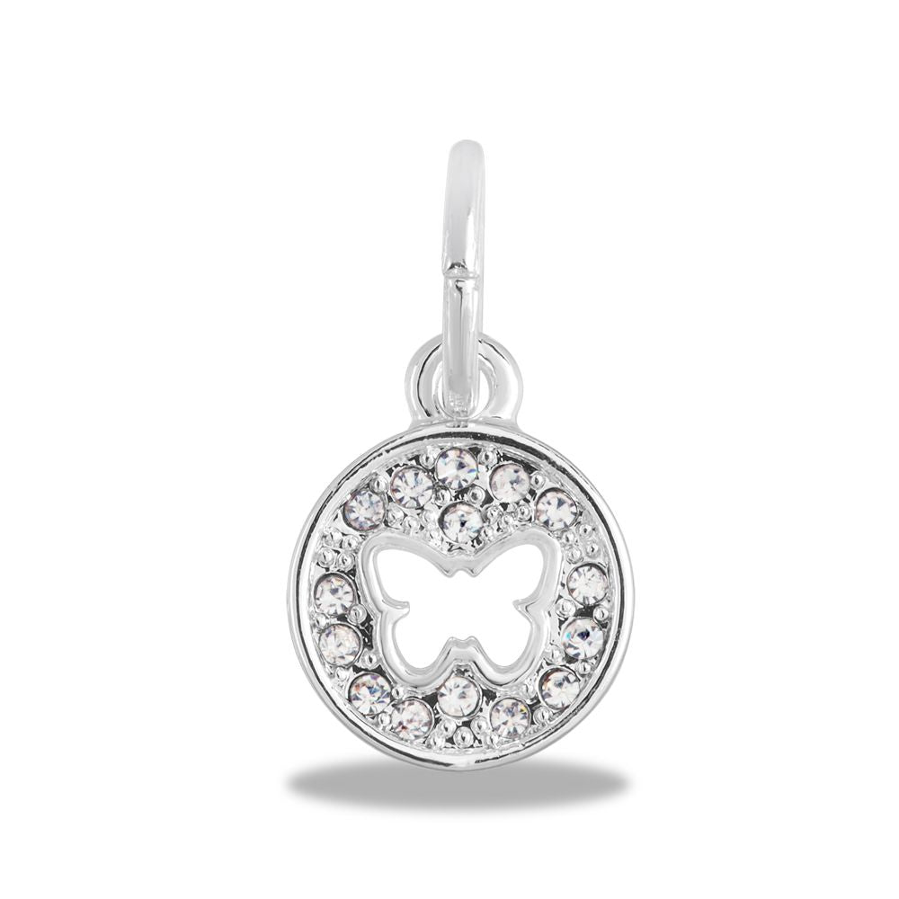 A silver circle charm with crystal embellishments surrounding the shape of a butterfly cut out in the middle