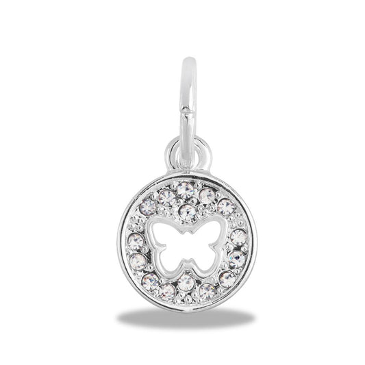 A silver circle charm with crystal embellishments surrounding the shape of a butterfly cut out in the middle